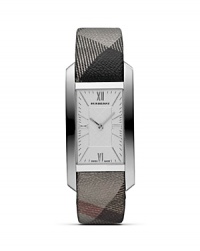 Check the time in style. Burberry's rectangular-faced chronograph boasts silvery sophistication trimmed in the label's signature plaid stamp. Check the time in style. Burberry's rectangular-faced chronograph boasts silvery sophistication trimmed in the label's signature plaid stamp.
