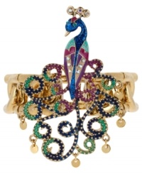 Go ahead and strut in this exotic bracelet from Betsey Johnson. The peacock design is embellished with multi-colored details and crystal accents. Stretches to fit wrist. Crafted in antiqued gold tone mixed metal. Approximate length: 7-1/2 inches. Approximate diameter: 2-1/4 inches. Go ahead and strut in this exotic bracelet from Betsey Johnson. The peacock design is embellished with multi-colored details and crystal accents. Stretches to fit wrist. Crafted in antiqued gold tone mixed metal. Approximate length: 7-1/2 inches. Approximate diameter: 2-1/4 inches.