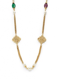 THE LOOKByzantine collectionDouble-chain designIntricate clover-shaped detailsColored glass stone and faux pearl accents24k electroplated gold settingLobster claspTHE MEASUREMENTLength, about 56ORIGINMade in USA THE LOOKByzantine collectionDouble-chain designIntricate clover-shaped detailsColored glass stone and faux pearl accents24k electroplated gold settingLobster claspTHE MEASUREMENTLength, about 56ORIGINMade in USA