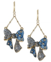 Tie these on for size. Betsey Johnson's chandelier earrings are crafted from antique gold-tone mixed metal, and feature glitter and glass crystal accents for a whimsical touch. Approximate drop: 2-5/8 inches Tie these on for size. Betsey Johnson's chandelier earrings are crafted from antique gold-tone mixed metal, and feature glitter and glass crystal accents for a whimsical touch. Approximate drop: 2-5/8 inches
