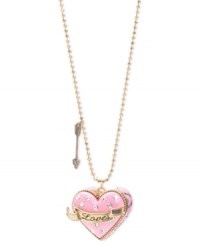 Open your heart and find something very dear in this pendant from Betsey Johnson. Crafted from gold-tone mixed metal with glass crystals for a vibrant touch. Approximate length: 30 inches + 3-inch extender. Approximate drop: 1-1/4 inches. Open your heart and find something very dear in this pendant from Betsey Johnson. Crafted from gold-tone mixed metal with glass crystals for a vibrant touch. Approximate length: 30 inches + 3-inch extender. Approximate drop: 1-1/4 inches.