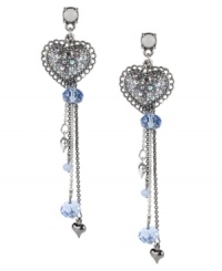 Fall in love with Betsey Johnson. These drop earrings feature silver tone heart charms accented by dangling chains, blue-colored crystals, blue faceted beads and silver tone bubble heart charms. Set in rhodium-plated mixed metal. Small crystal accent at post. Approximate drop: 3-1/2 inches. Fall in love with Betsey Johnson. These drop earrings feature silver tone heart charms accented by dangling chains, blue-colored crystals, blue faceted beads and silver tone bubble heart charms. Set in rhodium-plated mixed metal. Small crystal accent at post. Approximate drop: 3-1/2 inches.