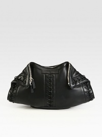 Supple leather embellished by leather lacing throughout in a unique, fold-down shape.Top zip closureOne inside zip pocketCotton lining15W X 9H X 1¾DMade in Italy Supple leather embellished by leather lacing throughout in a unique, fold-down shape.Top zip closureOne inside zip pocketCotton lining15W X 9H X 1¾DMade in Italy
