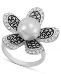Express a little natural beauty. Genevieve & Grace's intricate flower ring glitters with the addition of marcasite and a glass pearl at center (10 mm). Set in sterling silver. Size 7 and 8. Express a little natural beauty. Genevieve & Grace's intricate flower ring glitters with the addition of marcasite and a glass pearl at center (10 mm). Set in sterling silver. Size 7 and 8.