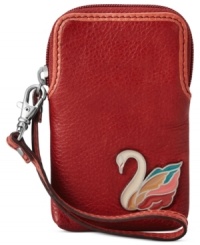 Petite and poised to meet your daily demands, this compact carryall from Fossil will stow phone, cards and cash in style. Rich leather is accented with the iconic signature swan and detachable wristlet strap; it's all you need when dashing out the door. Petite and poised to meet your daily demands, this compact carryall from Fossil will stow phone, cards and cash in style. Rich leather is accented with the iconic signature swan and detachable wristlet strap; it's all you need when dashing out the door.