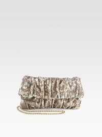 Be the star of the party with this ruched, sequined design.Concealable chain shoulder strap, 24 dropMagnetic snap flap closureOne inside zip pocketCotton lining9½W X 5H X 1DMade in Italy Be the star of the party with this ruched, sequined design.Concealable chain shoulder strap, 24 dropMagnetic snap flap closureOne inside zip pocketCotton lining9½W X 5H X 1DMade in Italy