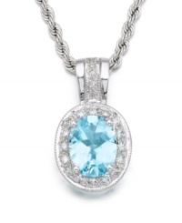 A graceful pendant that's dazzling to behold. An oval-cut aquamarine (2-1/5 ct. t.w.) is surrounded by sparkling round-cut diamonds (1/3 ct. t.w.). Set in 14k white gold. Rope chain measures 18 inches. A graceful pendant that's dazzling to behold. An oval-cut aquamarine (2-1/5 ct. t.w.) is surrounded by sparkling round-cut diamonds (1/3 ct. t.w.). Set in 14k white gold. Rope chain measures 18 inches.