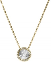 Shimmering sophistication from Michael Kors. This pendant necklace highlights a clear cubic zirconia stone (3-3/8 ct. t.w.) embellished with czech stones. Crafted in gold tone mixed metal. Approximate length: 16 inches. Approximate drop: 1/2 inch. Shimmering sophistication from Michael Kors. This pendant necklace highlights a clear cubic zirconia stone (3-3/8 ct. t.w.) embellished with czech stones. Crafted in gold tone mixed metal. Approximate length: 16 inches. Approximate drop: 1/2 inch.