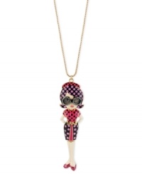 Fashionista statement. Betsey Johnson's necklace, crafted from gold-tone mixed metal, features a girl-on-the-go pendant adorned with glitter and glass crystal accents for that chic touch. Approximate length: 27 inches + 3-inch extender. Approximate drop: 5-1/4 inches. Fashionista statement. Betsey Johnson's necklace, crafted from gold-tone mixed metal, features a girl-on-the-go pendant adorned with glitter and glass crystal accents for that chic touch. Approximate length: 27 inches + 3-inch extender. Approximate drop: 5-1/4 inches.