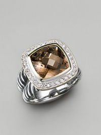 A faceted cushion of rich smoky quartz is framed in diamonds and set in a sterling silver split cable band with 18k yellow gold accents. Smoky quartz Diamonds, 0.24 tcw Sterling silver and 18k yellow gold About ½ square Made in USA A faceted cushion of rich smoky quartz is framed in diamonds and set in a sterling silver split cable band with 18k yellow gold accents. Smoky quartz Diamonds, 0.24 tcw Sterling silver and 18k yellow gold About ½ square Made in USA