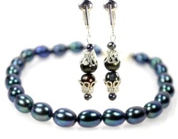 Elegant Black Pearl Clip Earring and Black Pearl Bracelet w Sterling Silver Set-Lovely Tahitian Designer Freshwater Pearls SET