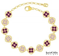 Victorian Style 24K Gold Plated over .925 Sterling Silver Bracelet by Lucia Costin with 4 Petal Flowers, Set with Dots and Openwork Pattern, Lilac and Violet Pink Swarovski Crystals Victorian Style 24K Gold Plated over .925 Sterling Silver Bracelet by Lucia Costin with 4 Petal Flowers, Set with Dots and Openwork Pattern, Lilac and Violet Pink Swarovski Crystals