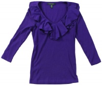 Lauren Ralph Lauren Women's 3/4 Sleeve Ribbed Ruffle V-neck Shirt (Classic Purple) (Small) Lauren Ralph Lauren Women's 3/4 Sleeve Ribbed Ruffle V-neck Shirt (Classic Purple) (Small)