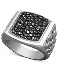 A bold style adds the right amount of sophistication. This stately men's ring features a round-cut black sapphire square (1 ct. t.w.) and patterned band set in sterling silver. Size 10-1/2. A bold style adds the right amount of sophistication. This stately men's ring features a round-cut black sapphire square (1 ct. t.w.) and patterned band set in sterling silver. Size 10-1/2.