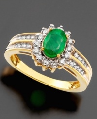 A ring fit for royalty. Stunning oval-cut emerald (3/4 ct. t.w.) is surrounded by sparkling diamonds (3/8 ct. t.w.) crafted in 14k gold. A ring fit for royalty. Stunning oval-cut emerald (3/4 ct. t.w.) is surrounded by sparkling diamonds (3/8 ct. t.w.) crafted in 14k gold.