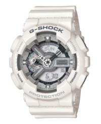 One look and you can see this deconstructed G-Shock watch isn't playing around. White resin strap and round case. Shock-resistant, magnetic-resistant, analog-digital dial features auto LED illuminator, world time, four alarms, stopwatch with velocity indicator, countdown timer and 12/24-hour formats. Quartz movement. Water resistant 200 meters. One-year limited warranty. One look and you can see this deconstructed G-Shock watch isn't playing around. White resin strap and round case. Shock-resistant, magnetic-resistant, analog-digital dial features auto LED illuminator, world time, four alarms, stopwatch with velocity indicator, countdown timer and 12/24-hour formats. Quartz movement. Water resistant 200 meters. One-year limited warranty.