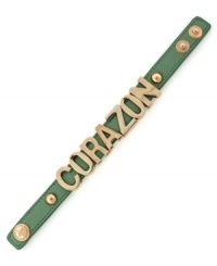 From my heart to yours. BCBGeneration's Corazon leather bracelet features rose gold tone mixed metal letters and a snap closure. Approximate length: 8-1/2 inches. From my heart to yours. BCBGeneration's Corazon leather bracelet features rose gold tone mixed metal letters and a snap closure. Approximate length: 8-1/2 inches.