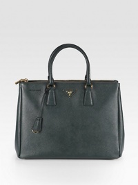 Textured saffiano leather brings interest to this classically structured style.Double top handles, 5 dropMagnetic side snap gussetProtective metal feetThree inner compartments, two zipped and one openOne inside zip pocketThree inside open pocketsSignature jacquard lining14W X 10¼H X 5¾DMade in Italy Textured saffiano leather brings interest to this classically structured style.Double top handles, 5 dropMagnetic side snap gussetProtective metal feetThree inner compartments, two zipped and one openOne inside zip pocketThree inside open pocketsSignature jacquard lining14W X 10¼H X 5¾DMade in Italy