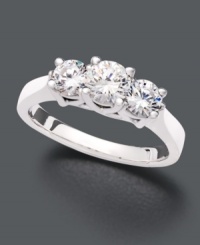 A design that is both breathtaking and simple. A three stone engagement ring is a classic that will last a lifetime. Ring features a predominate round-cut solitaire diamond (3/8 ct. t.w.) and two round-cut bordering diamonds (1/3 ct. t.w.). Ring crafted in shining 18k white gold. IGI Certified diamonds. A design that is both breathtaking and simple. A three stone engagement ring is a classic that will last a lifetime. Ring features a predominate round-cut solitaire diamond (3/8 ct. t.w.) and two round-cut bordering diamonds (1/3 ct. t.w.). Ring crafted in shining 18k white gold. IGI Certified diamonds.