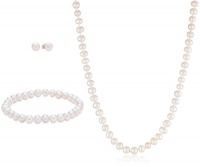 Sterling Silver Freshwater Cultured Pearl Necklace, Stretch Bracelet and Stud Earrings Set Sterling Silver Freshwater Cultured Pearl Necklace, Stretch Bracelet and Stud Earrings Set