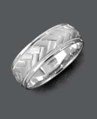 Simple design with a little extra texture. Men's ring features a woven band set in 14k white gold. Sizes 6-13. Simple design with a little extra texture. Men's ring features a woven band set in 14k white gold. Sizes 6-13.