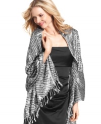 Wrap yourself in something wild with this fabulous zebra print wrap from Cejon. Soft and shimmery with a satiny feel, it makes any evening ensemble far more fierce. Wrap yourself in something wild with this fabulous zebra print wrap from Cejon. Soft and shimmery with a satiny feel, it makes any evening ensemble far more fierce.