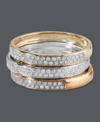 Style meant for the stacking. Trio by Effy Collection's trendy, yet timeless, stackable rings set features three bands with doubled rows of round-cut diamonds (1/2 ct. t.w.). Crafted in 14k gold, 14k white gold and 14k rose gold. Style meant for the stacking. Trio by Effy Collection's trendy, yet timeless, stackable rings set features three bands with doubled rows of round-cut diamonds (1/2 ct. t.w.). Crafted in 14k gold, 14k white gold and 14k rose gold.
