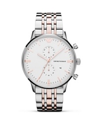 Ever-chic with modern touches. Emporio Armani's five link bracelet watch is an ideal around-the-clock time piece, crafted from stainless steel with understated rose gold accents. Ever-chic with modern touches. Emporio Armani's five link bracelet watch is an ideal around-the-clock time piece, crafted from stainless steel with understated rose gold accents.