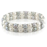 6-7 mm FW Grey and White Pearl Double Row Elastic Bracelet, 7 6-7 mm FW Grey and White Pearl Double Row Elastic Bracelet, 7