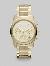 With the rich look of horn, these faux insets lend a sophisticated air to the bracelet of this elegant chronograph in goldtone over stainless steel.Quartz movementWater resistant to 10 ATMGoldtone stainless steel round case, 38mm diameter (1.5)Polished bezelLight champagne dialArabic numerals and goldtone bar hour markersThree chronograph sub dialsSecond handDate window between 4:00 and 5:00Link bracelet with faux horn insetsImported With the rich look of horn, these faux insets lend a sophisticated air to the bracelet of this elegant chronograph in goldtone over stainless steel.Quartz movementWater resistant to 10 ATMGoldtone stainless steel round case, 38mm diameter (1.5)Polished bezelLight champagne dialArabic numerals and goldtone bar hour markersThree chronograph sub dialsSecond handDate window between 4:00 and 5:00Link bracelet with faux horn insetsImported