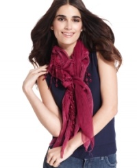 Elegant and understated, this soft sheer scarf from David & Young is accented with delicate, dreamy lace and flirty fringe. Pairs perfectly with evening wear and afternoon outfits. Elegant and understated, this soft sheer scarf from David & Young is accented with delicate, dreamy lace and flirty fringe. Pairs perfectly with evening wear and afternoon outfits.
