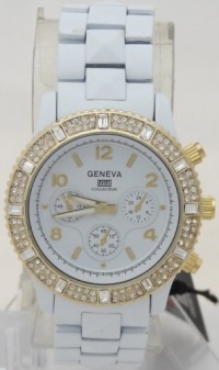 Geneva Quartz Chronograph Look MK5270 Ladies White Ceramic Look Runway with Gold Glitz Geneva Quartz Chronograph Look MK5270 Ladies White Ceramic Look Runway with Gold Glitz