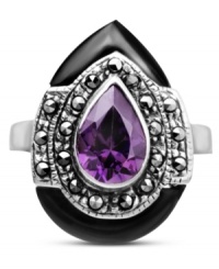 A stunning statement maker. This large, pear-shaped ring is adorned with an amethyst cubic zirconia center (3/4 ct. t.w.) and surrounded by black onyx (3-1/4 ct. t.w.) and glittering marcasite (1/4 ct. t.w.). Set in sterling silver. Size 7. A stunning statement maker. This large, pear-shaped ring is adorned with an amethyst cubic zirconia center (3/4 ct. t.w.) and surrounded by black onyx (3-1/4 ct. t.w.) and glittering marcasite (1/4 ct. t.w.). Set in sterling silver. Size 7.