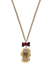 Think outside the box with this coffin pendant necklace from Betsey Johnson. Crafted from gold-tone mixed metal and featuring bow and flower details, as well as glass crystal accents, the necklace buries conventional notions of style. Approximate length: 35 inches + 3-inch extender. Approximate drop: 2-1/3 inches. Think outside the box with this coffin pendant necklace from Betsey Johnson. Crafted from gold-tone mixed metal and featuring bow and flower details, as well as glass crystal accents, the necklace buries conventional notions of style. Approximate length: 35 inches + 3-inch extender. Approximate drop: 2-1/3 inches.