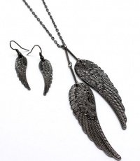 Elegant Rhodium Plated Gun Metal Black Angel Wings Necklace and Earrings Set Elegant Rhodium Plated Gun Metal Black Angel Wings Necklace and Earrings Set
