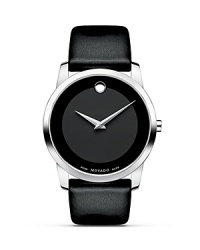 Men's Movado Museum Classic® watch in solid stainless steel with black Museum dial and black calf skin strap. Men's Movado Museum Classic® watch in solid stainless steel with black Museum dial and black calf skin strap.