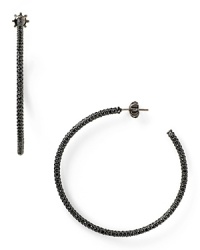 Rock a heavy metal: this pair of simple Juicy Couture hoop earrings styles every outfit edgy, cast in hematite tone plate with bold stone accents. Rock a heavy metal: this pair of simple Juicy Couture hoop earrings styles every outfit edgy, cast in hematite tone plate with bold stone accents.