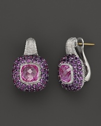 Cushion-cut pink corundums sparkle against pave amethyst in a beautiful sterling silver settings. By Judith Ripka. Cushion-cut pink corundums sparkle against pave amethyst in a beautiful sterling silver settings. By Judith Ripka.