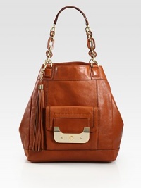 Butter-rich leather in a classic bucket satchel, finished with unique leather-and-chain handles and polished hardware.Double top handles, 8¾ dropTop snap closureOne inside zip pocketThree inside open pocketsCotton lining12W X 13H X 7DImported Butter-rich leather in a classic bucket satchel, finished with unique leather-and-chain handles and polished hardware.Double top handles, 8¾ dropTop snap closureOne inside zip pocketThree inside open pocketsCotton lining12W X 13H X 7DImported