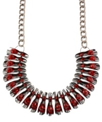 Look wondrous in red with this segmented frontal necklace from Haskell. Crafted from hematite-tone mixed metal, the necklace features faceted red beads for a colorful pop. Approximate length: 15 inches + 3-inch extender. Approximate drop: 1-1/4 inches. Look wondrous in red with this segmented frontal necklace from Haskell. Crafted from hematite-tone mixed metal, the necklace features faceted red beads for a colorful pop. Approximate length: 15 inches + 3-inch extender. Approximate drop: 1-1/4 inches.