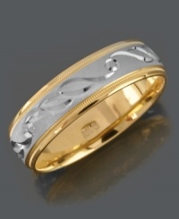 Versatile style to show your commitment. Men's ring features a 14k gold and 14k white gold band with a stylish, engraved design. Sizes 6-13. Versatile style to show your commitment. Men's ring features a 14k gold and 14k white gold band with a stylish, engraved design. Sizes 6-13.