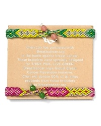 Designed to benefit Breastcancer.org, this pair of Chan Luu bracelets features a woven look with semi-precious stone detailing. Wear them to show support. Designed to benefit Breastcancer.org, this pair of Chan Luu bracelets features a woven look with semi-precious stone detailing. Wear them to show support.