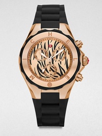 From the Tahitian Jelly Bean Collection. An animal printed dial adds whimsy to this sporty, technical timepiece. Quartz movementWater resistant to 5 ATMRound rose goldtone ion-plated stainless steel case, 40mm (1.6)Logo etched bezelTiger printed chronograph dialBar hour markersSecond hand Black silicone strapImported From the Tahitian Jelly Bean Collection. An animal printed dial adds whimsy to this sporty, technical timepiece. Quartz movementWater resistant to 5 ATMRound rose goldtone ion-plated stainless steel case, 40mm (1.6)Logo etched bezelTiger printed chronograph dialBar hour markersSecond hand Black silicone strapImported