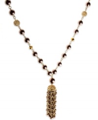 Worth the tassel. This necklace from Charter Club is crafted from brown gold-tone mixed metal with glass pearls and a glass pave tassel for a stylish effect. Approximate length: 34 inches + 2-inch extender. Approximate drop: 4 inches. Worth the tassel. This necklace from Charter Club is crafted from brown gold-tone mixed metal with glass pearls and a glass pave tassel for a stylish effect. Approximate length: 34 inches + 2-inch extender. Approximate drop: 4 inches.