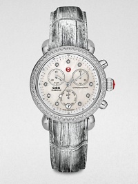 From the CSX Collection. A sparkling diamond accented timepiece with technical features in sleek stainless steel accented with a silvertone alligator strap. Swiss quartz movementWater resistant to 5 ATMRound stainless steel case, 36mm (1.4)Diamond encrusted bezel and hour markers, .64 tcwMother-of-pearl chronograph dialDate display at 6 o'clockSecond hand Silvertone alligator strap, 20mm (0.8)Imported From the CSX Collection. A sparkling diamond accented timepiece with technical features in sleek stainless steel accented with a silvertone alligator strap. Swiss quartz movementWater resistant to 5 ATMRound stainless steel case, 36mm (1.4)Diamond encrusted bezel and hour markers, .64 tcwMother-of-pearl chronograph dialDate display at 6 o'clockSecond hand Silvertone alligator strap, 20mm (0.8)Imported