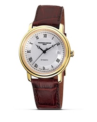 The Frédérique Constant Classics range consists of some of the evergreens in our collection. Dials are plain or finished with a guilloché pattern produced by a complex engraving procedure. Precision tooling, with tolerances as low as 1/1000 of a millimeter, have been developed for each pattern and dial design. Automatic calibration. Finished with a brown leather strap. Made in Geneva, Switzerland. The Frédérique Constant Classics range consists of some of the evergreens in our collection. Dials are plain or finished with a guilloché pattern produced by a complex engraving procedure. Precision tooling, with tolerances as low as 1/1000 of a millimeter, have been developed for each pattern and dial design. Automatic calibration. Finished with a brown leather strap. Made in Geneva, Switzerland.
