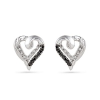 Platinum Plated Sterling Silver Black and White Round Diamond Heart Earrings (1/10 CTTW) Platinum Plated Sterling Silver Black and White Round Diamond Heart Earrings (1/10 CTTW)