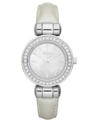 Simplicity as fashion-forward design, by DKNY. This leather watch lends a touch of subtle elegance with shimmering crystal accents. Simplicity as fashion-forward design, by DKNY. This leather watch lends a touch of subtle elegance with shimmering crystal accents.