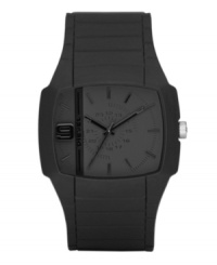 Diesel's black-on-black watch is the ultimate in stealth style. Black silicone strap and square black silicone-wrapped stainless steel case, 48x43mm. Black dial features black stick indices and hands, large numeral at nine o'clock and vertical black bar with logo. Analog movement. Water resistant to 50 meters. Two-year limited warranty. Diesel's black-on-black watch is the ultimate in stealth style. Black silicone strap and square black silicone-wrapped stainless steel case, 48x43mm. Black dial features black stick indices and hands, large numeral at nine o'clock and vertical black bar with logo. Analog movement. Water resistant to 50 meters. Two-year limited warranty.