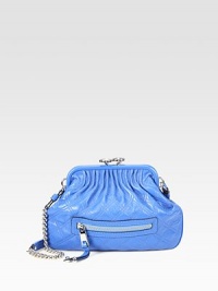Softly-quilted leather takes on a lady-like shape in this framed kiss-lock design. Available in blue leather with silvertone hardware, black leather with silvertone hardware or black leather with brass hardware. Shoulder strap, 12 dropKisslock closureOne outside zip pocketOne inside zip pocketLinen lining12W X 9H X 1/2DMade in Italy Softly-quilted leather takes on a lady-like shape in this framed kiss-lock design. Available in blue leather with silvertone hardware, black leather with silvertone hardware or black leather with brass hardware. Shoulder strap, 12 dropKisslock closureOne outside zip pocketOne inside zip pocketLinen lining12W X 9H X 1/2DMade in Italy